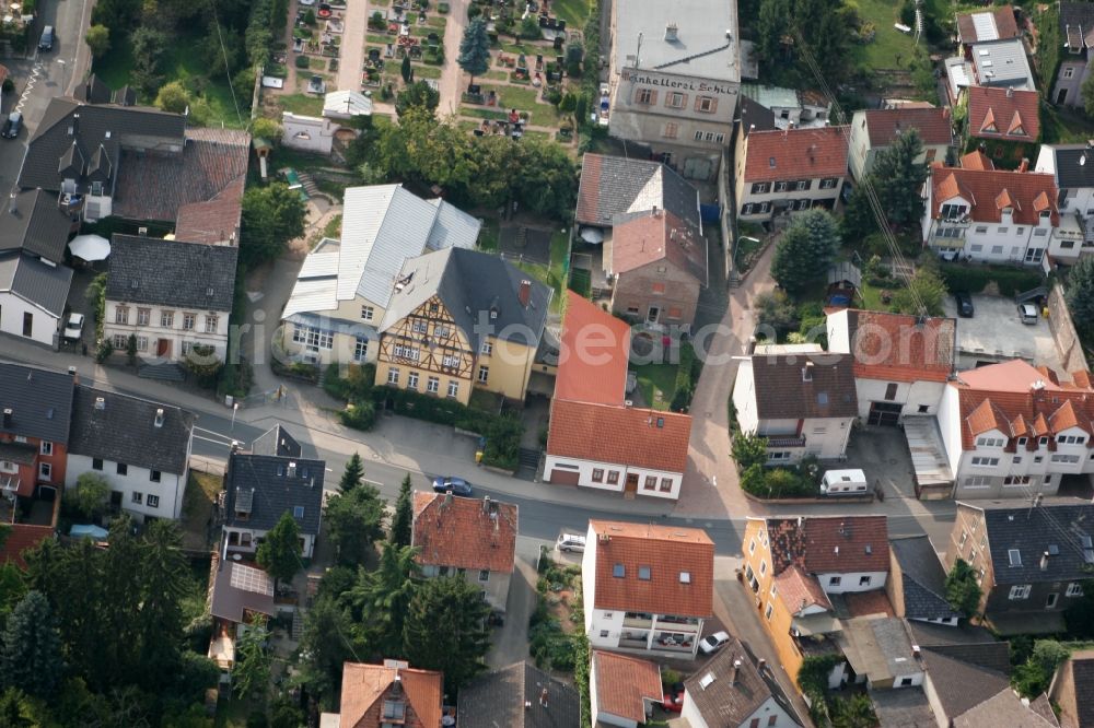 Münster-Sarmsheim from the bird's eye view: View of the municipiality of Muenster-Sarmsheim in the state of Rhineland-Palatinate. The borough is located in the county district of Mainz-Bingen and is a renowned wine-growing locality and official tourist resort. It consists of residential buildings and small wine-growing estates and farms