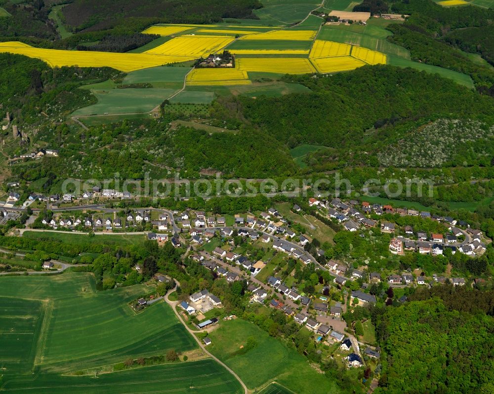 Aerial image Monreal - View of Monreal in the state of Rhineland-Palatinate. The official tourist resort is located in the Elz Valley and spread out along the Elz creek and is surrounded by soft wooded hills and fields