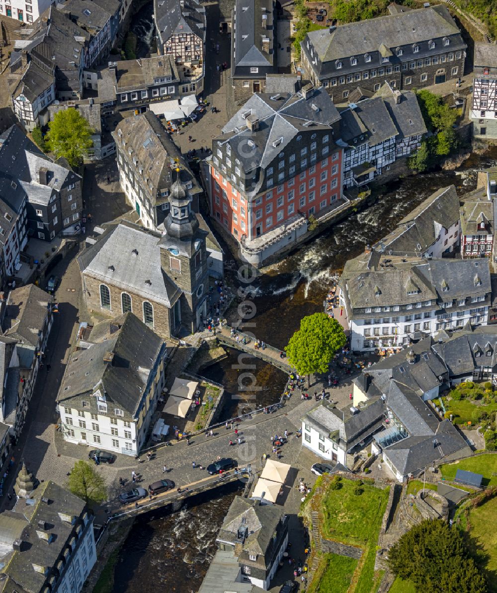 Monschau from above - Town View of the streets and houses of the residential areas in Monschau in the state North Rhine-Westphalia, Germany