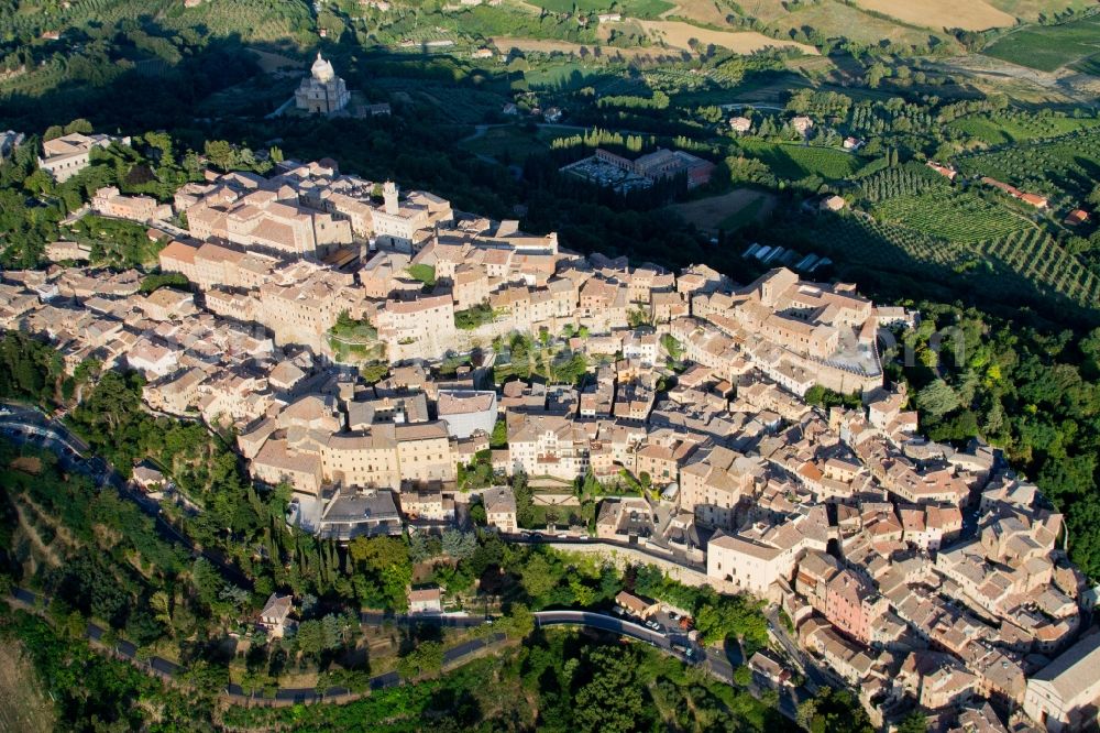 Montepulciano from the bird's eye view: Town View of the streets and houses of the residential areas in Montepulciano in Toscana, Italy