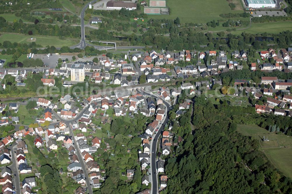 Nahbollenbach from above - Town View of the streets and houses of the residential areas on street Nahbollenbacher Strasse in Nahbollenbach in the state Rhineland-Palatinate, Germany