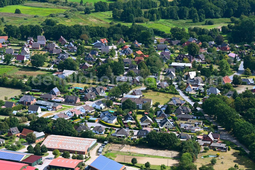 Negernbötel from above - Town View of the streets and houses of the residential areas in Negernboetel in the state Schleswig-Holstein, Germany