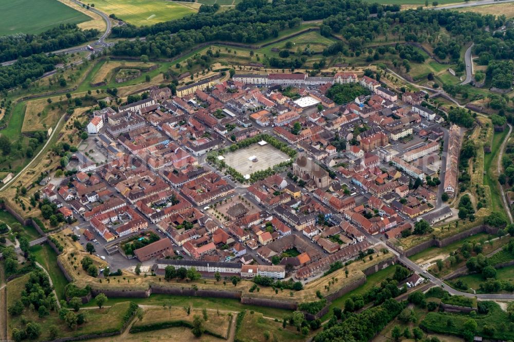 Neuf-Brisach from above - Town View of the streets and houses of the residential areas in Neuf-Brisach in Grand Est, France