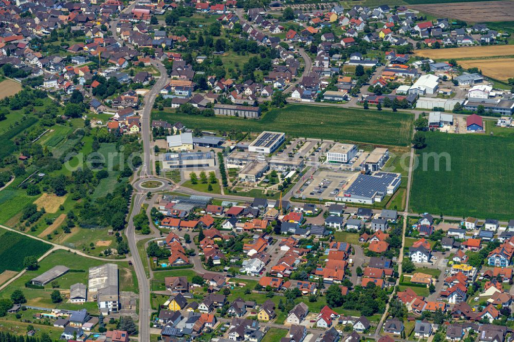 Rheinhausen from the bird's eye view: Town View of the streets and houses of the residential areas in Rheinhausen in the state Baden-Wurttemberg, Germany