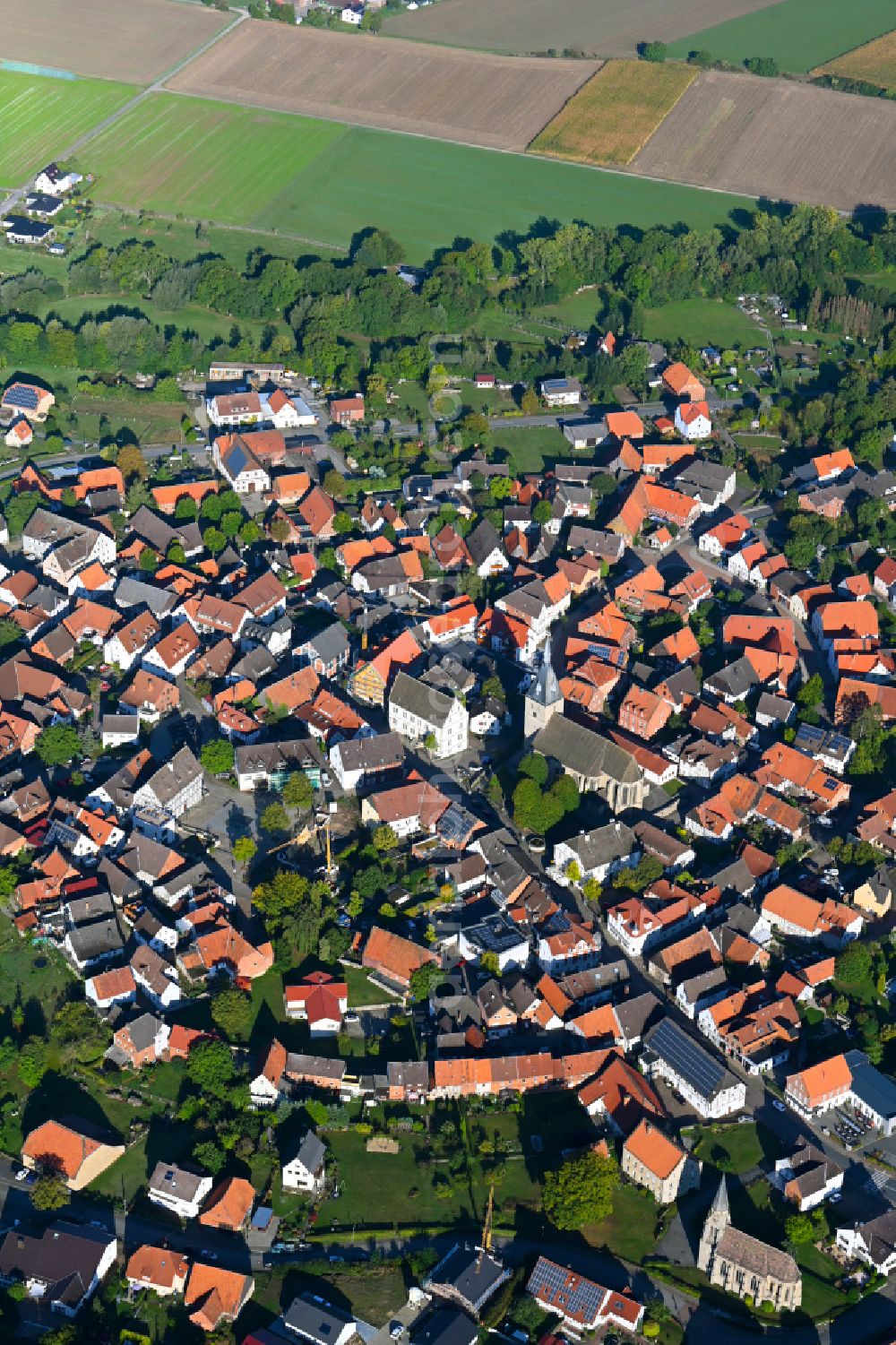 Aerial image Nieheim - City view of the streets and houses of the residential areas in Nieheim in the state North Rhine-Westphalia, Germany