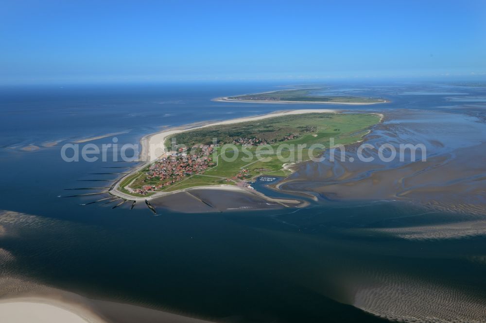 Baltrum from above - Town View of the streets and houses of the residential areas in Ostdorf and Westdorf on the North Sea island Baltrum in the state Lower Saxony