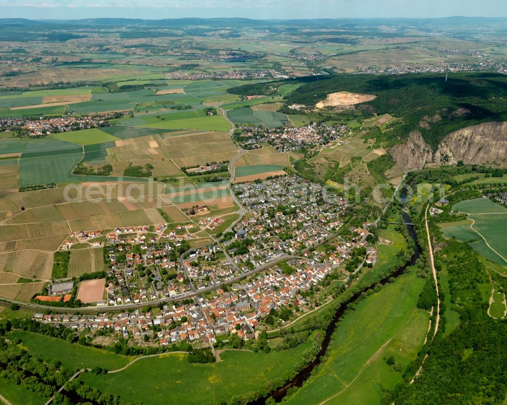Norheim from above - View of the borough of Norheim in the state of Rhineland-Palatinate. The municipiality is located in the Nahe Valley on the riverbank of the river Nahe, near the Rotenfels region. Norheim is an official tourist resort