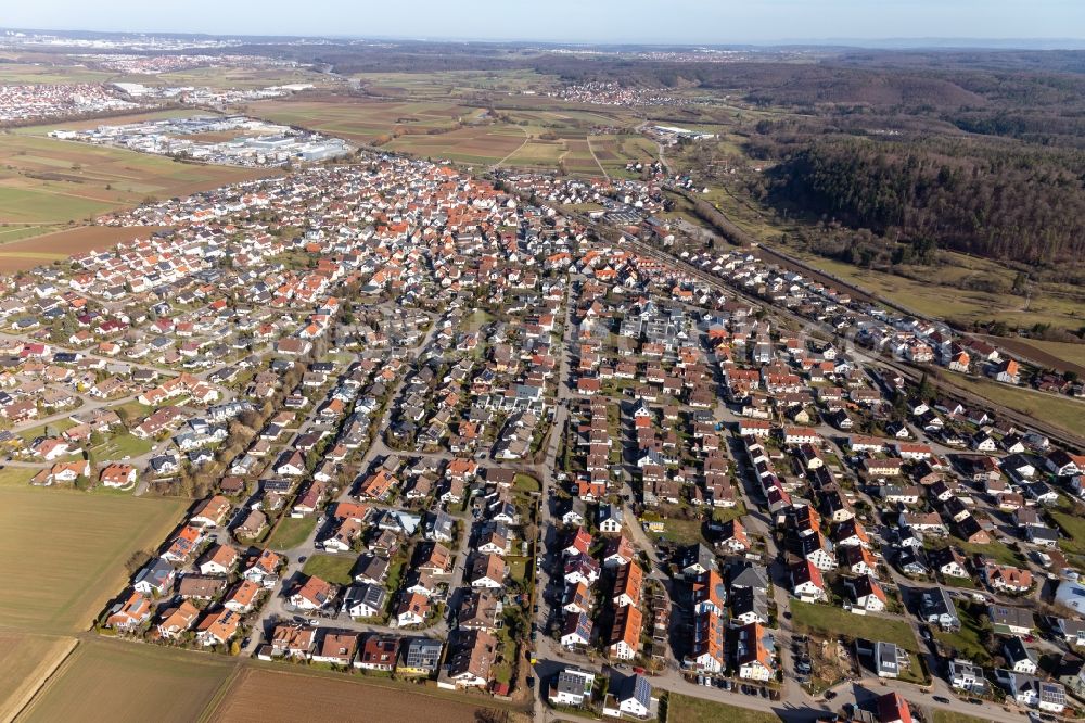 Nufringen from the bird's eye view: Town View of the streets and houses of the residential areas in Nufringen in the state Baden-Wuerttemberg, Germany