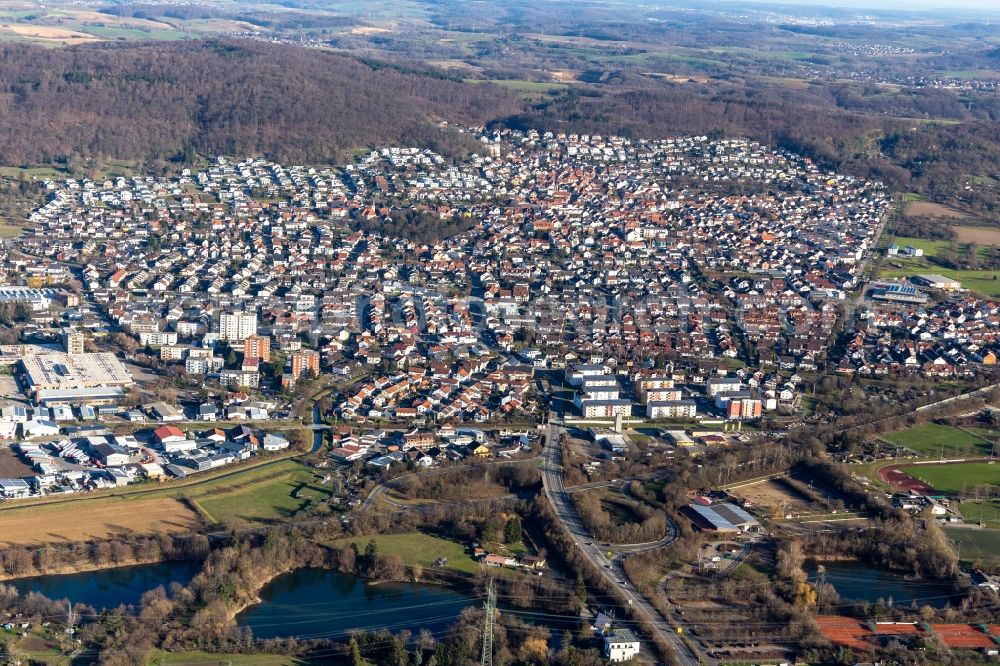 Nußloch from above - Town View of the streets and houses of the residential areas in Nussloch in the state Baden-Wuerttemberg, Germany