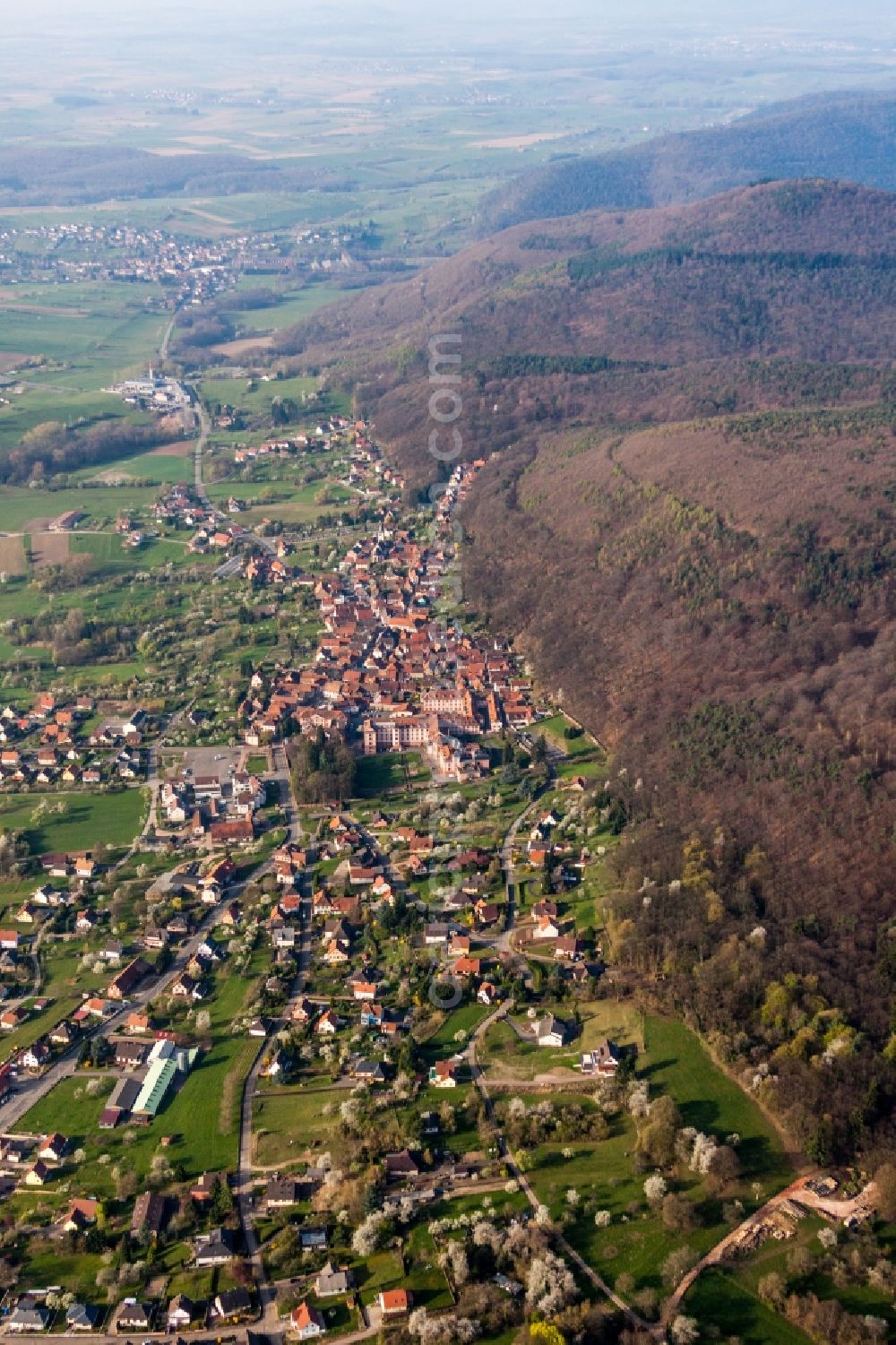 Oberbronn from above - Town View of the streets and houses of the residential areas in Oberbronn in Grand Est, France