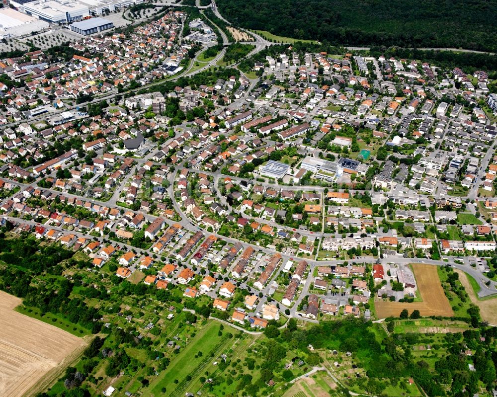 Obereisesheim from above - Town View of the streets and houses of the residential areas in Obereisesheim in the state Baden-Wuerttemberg, Germany