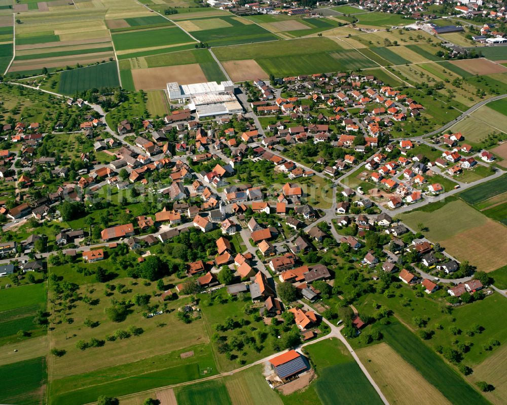 Oberhaugstett from above - Town View of the streets and houses of the residential areas in Oberhaugstett in the state Baden-Wuerttemberg, Germany