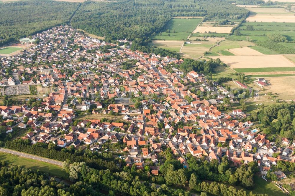 Aerial image Oberhoffen-sur-Moder - Town View of the streets and houses of the residential areas in Oberhoffen-sur-Moder in Grand Est, France