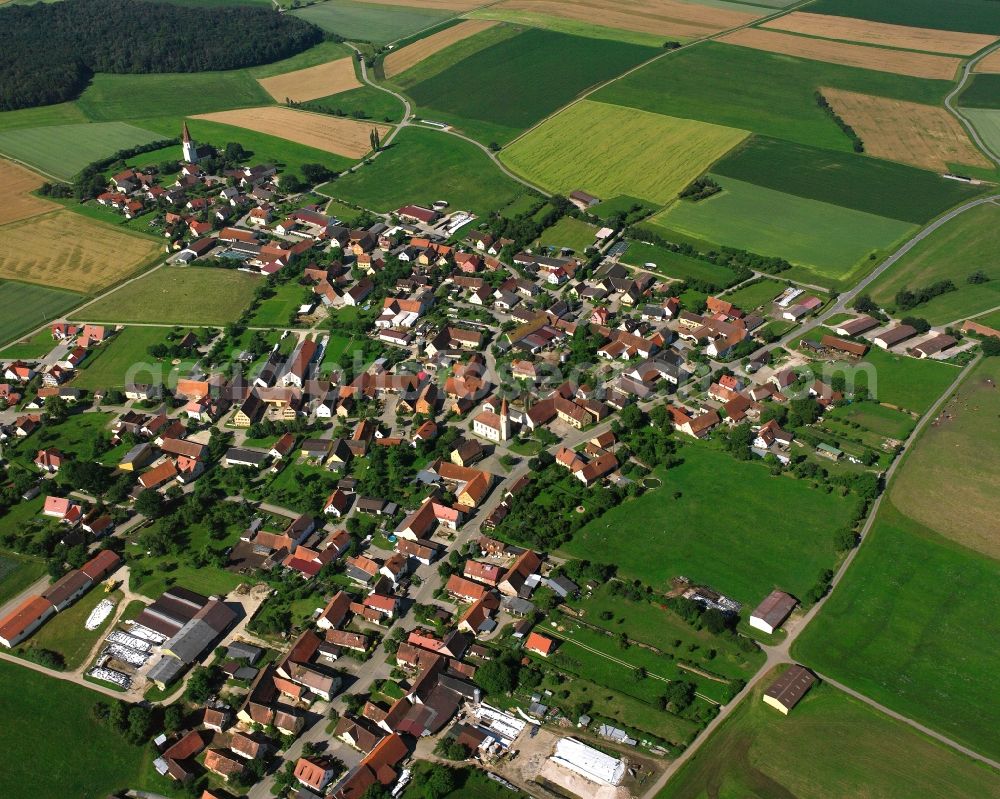 Obermögersheim from above - Town View of the streets and houses of the residential areas in Obermögersheim in the state Bavaria, Germany