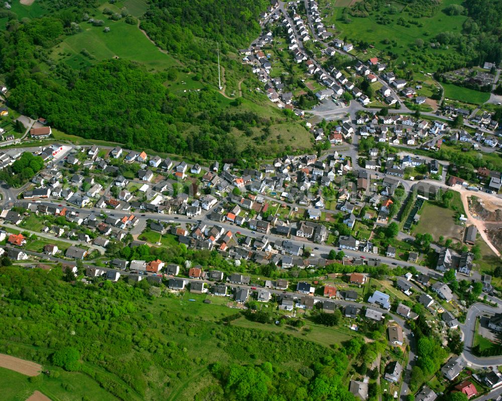 Oberscheld from above - Town View of the streets and houses of the residential areas in Oberscheld in the state Hesse, Germany