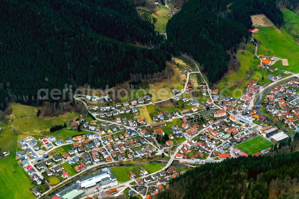 Aerial image Oberwolfach - Town View of the streets and houses of the residential areas in Oberwolfach in the state Baden-Wuerttemberg, Germany