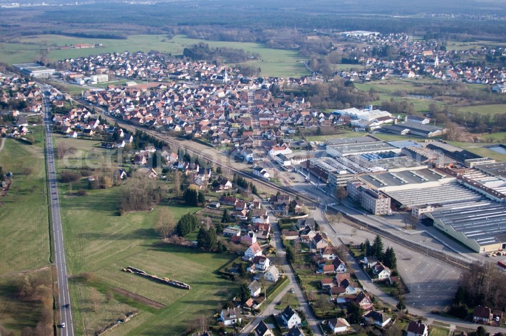 Mertzwiller from the bird's eye view: Town View of the streets and houses of the residential areas in Mertzwiller in Grand Est, France