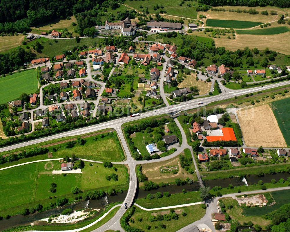 Ofteringen from above - Town View of the streets and houses of the residential areas in Ofteringen in the state Baden-Wuerttemberg, Germany