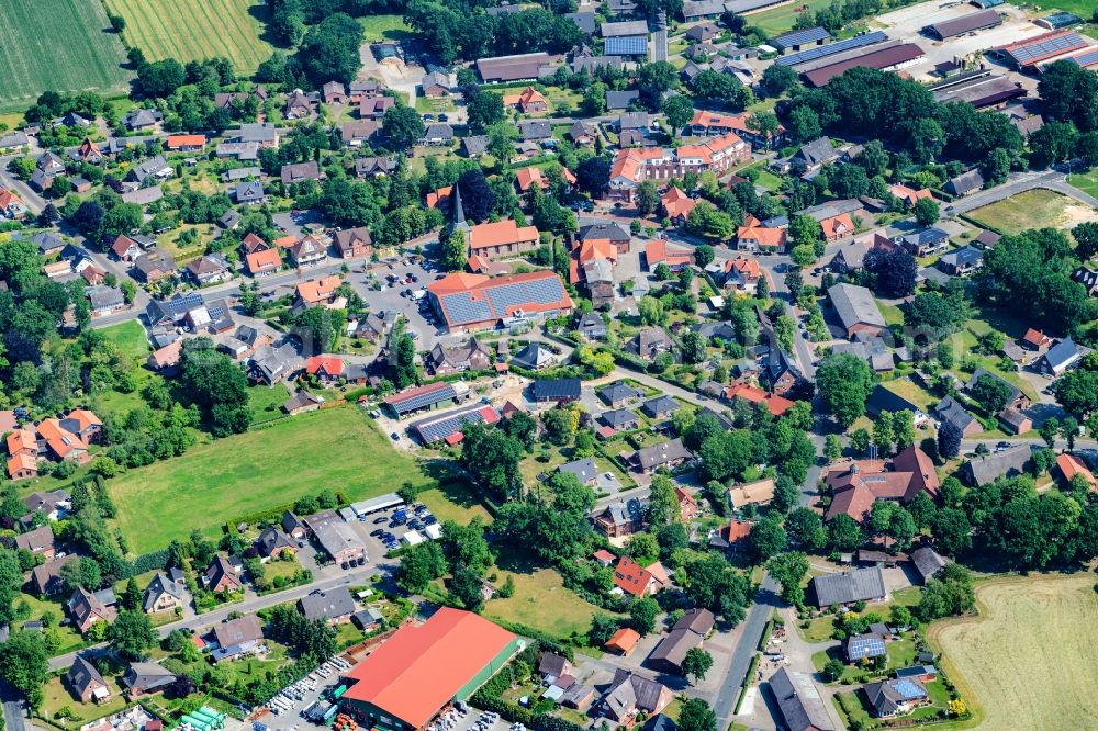 Oldendorf from above - Town View of the streets and houses of the residential areas in Oldendorf in the state Lower Saxony, Germany