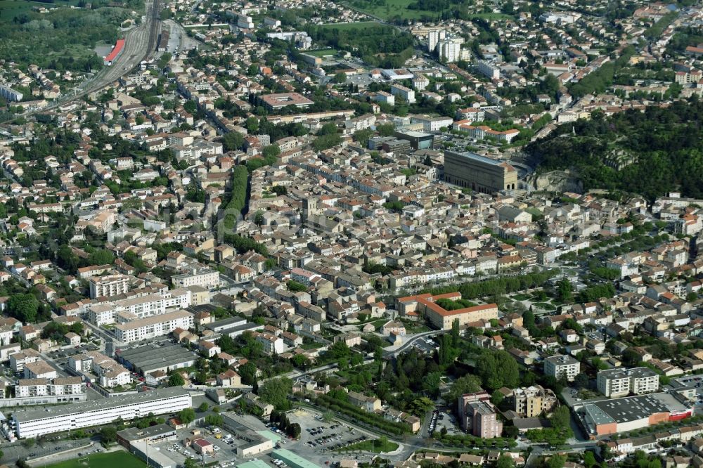 Orange from the bird's eye view: Town View of the streets and houses of the residential areas in Orange in Provence-Alpes-Cote d'Azur, France