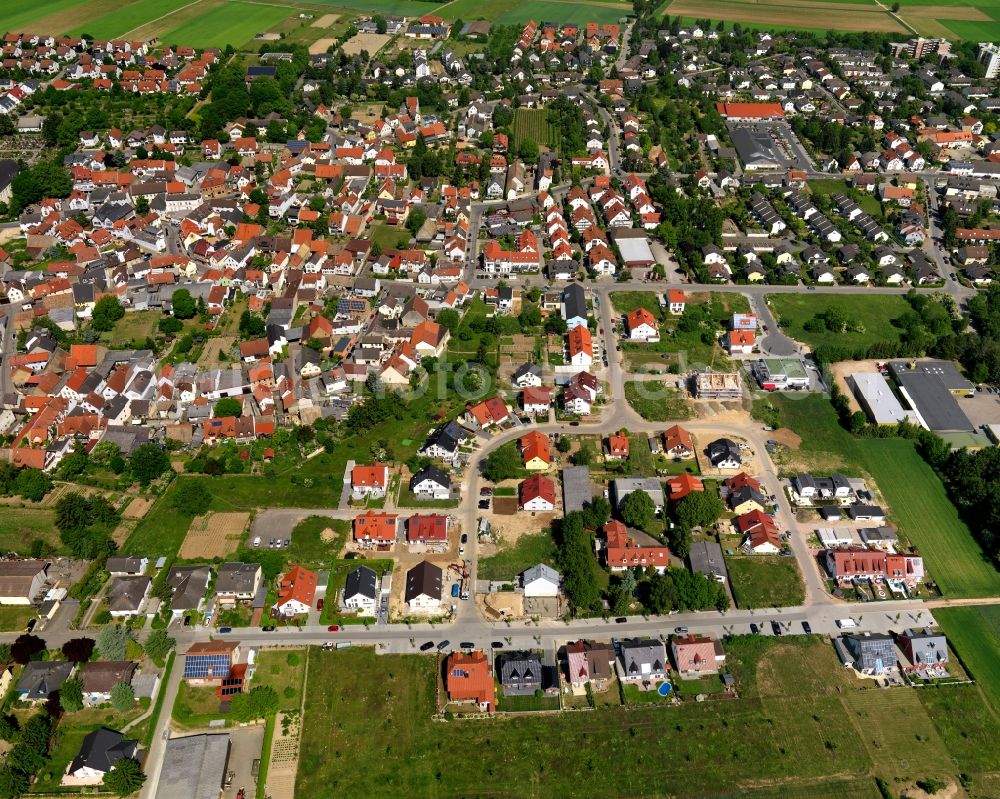 Mainz from the bird's eye view: View of the Ebersheim district of the state capital of Mainz in the state of Rhineland-Palatinate. The village is located in the South of Mainz. The residential village is surrounded by fields, vineyards and meadows