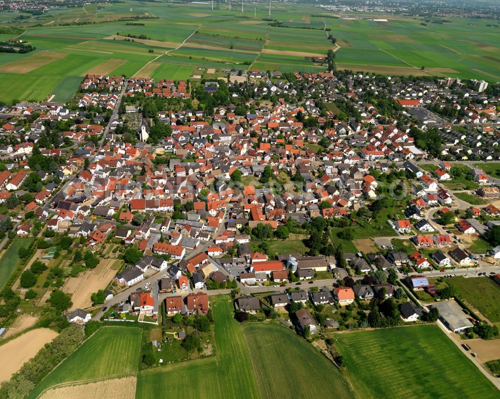 Aerial image Mainz - View of the Ebersheim district of the state capital of Mainz in the state of Rhineland-Palatinate. The village is located in the South of Mainz. The residential village is surrounded by fields, vineyards and meadows