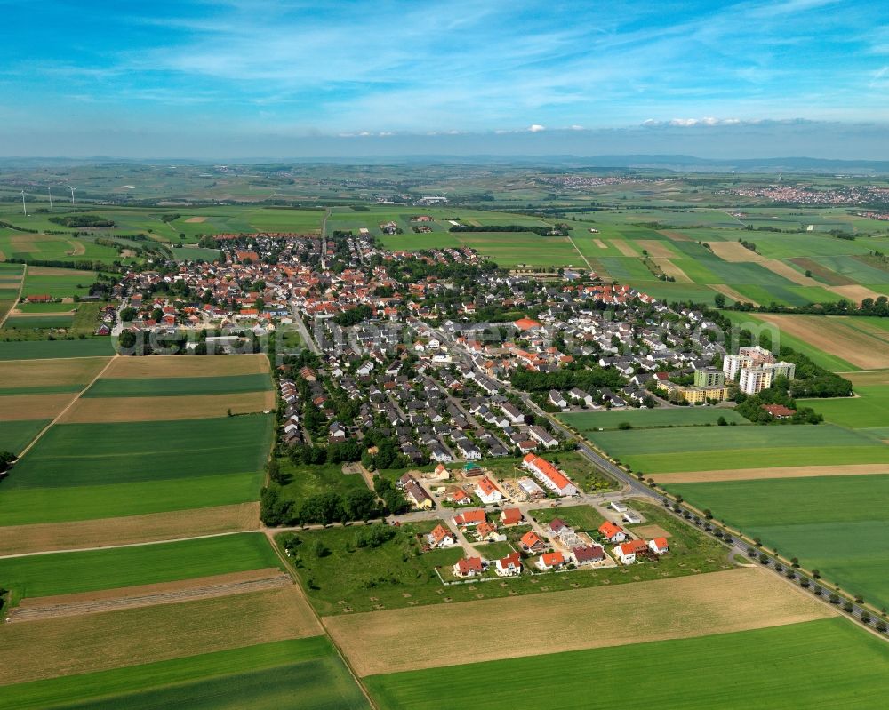 Aerial photograph Mainz - View of the Ebersheim district of the state capital of Mainz in the state of Rhineland-Palatinate. The village is located in the South of Mainz. The residential village is surrounded by fields, vineyards and meadows