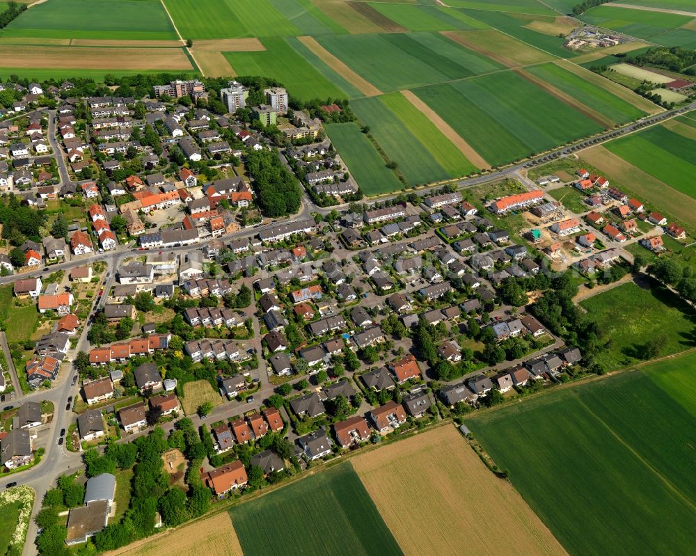 Mainz from above - View of the Ebersheim district of the state capital of Mainz in the state of Rhineland-Palatinate. The village is located in the South of Mainz. The residential village is surrounded by fields, vineyards and meadows