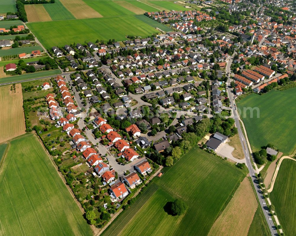 Mainz from the bird's eye view: View of the Ebersheim district of the state capital of Mainz in the state of Rhineland-Palatinate. The village is located in the South of Mainz. The residential village is surrounded by fields, vineyards and meadows