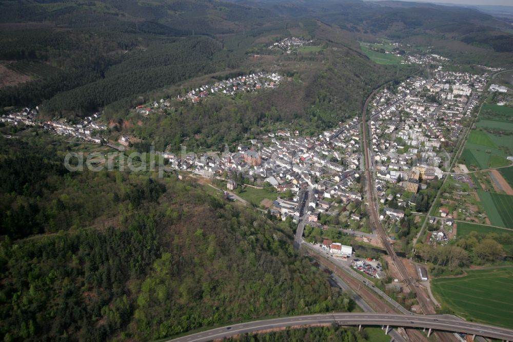 Trier from above - View of the district of Ehrang in Trier in the state of Rhineland-Palatinate. Ehrang is located amidst hills and forest on the federal motorway (Autobahn) A64 on the left shore of the river Mosel. Ehrang is the largest district of the city and is located in its North