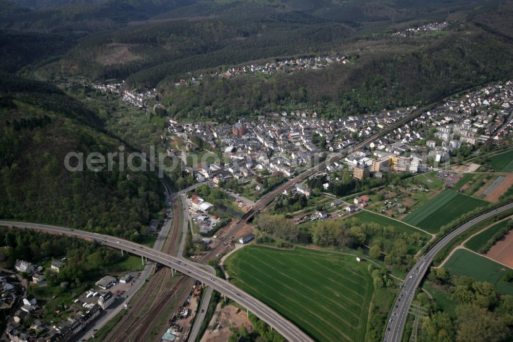 Aerial image Trier - View of the district of Ehrang in Trier in the state of Rhineland-Palatinate. Ehrang is located amidst hills and forest on the federal motorway (Autobahn) A64 on the left shore of the river Mosel. Ehrang is the largest district of the city and is located in its North