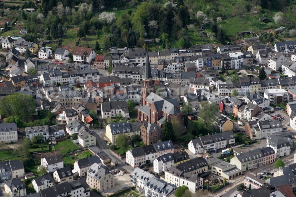 Trier from above - View of the district of Euren in Trier in the state of Rhineland-Palatinate. Euren is located amidst hills and forest on the left shore of the river Mosel. The catholic parochial church Saint Helena with its distinct red-brown colour and its tower is one of the landmarks of the district