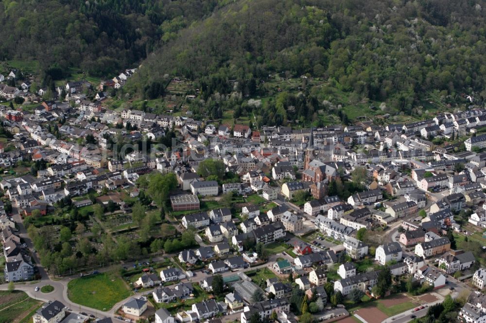 Trier from above - View of the district of Euren in Trier in the state of Rhineland-Palatinate. Euren is located amidst hills and forest on the left shore of the river Mosel. The catholic parochial church Saint Helena with its distinct red-brown colour and its tower is one of the landmarks of the district