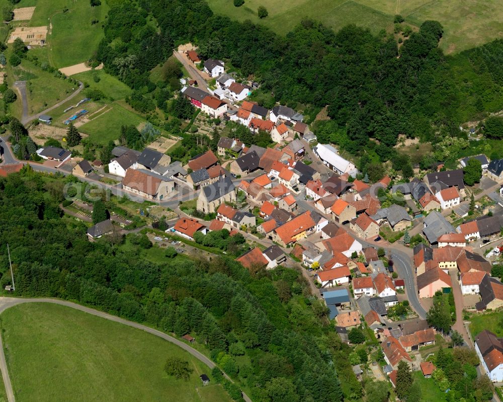 Abtweiler from the bird's eye view: View of the borough and municipiality of Abtweiler in the state of Rhineland-Palatinate. The agricultural borough is located in the county district of Bad Kreuznach. Surrounded by fields, hills and forest, the village is located in the mountain range of Northern Palatinate