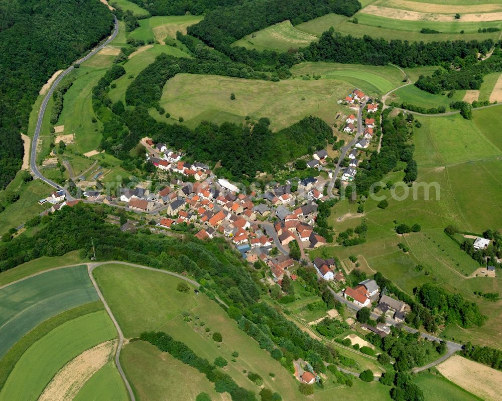 Aerial image Abtweiler - View of the borough and municipiality of Abtweiler in the state of Rhineland-Palatinate. The agricultural borough is located in the county district of Bad Kreuznach. Surrounded by fields, hills and forest, the village is located in the mountain range of Northern Palatinate