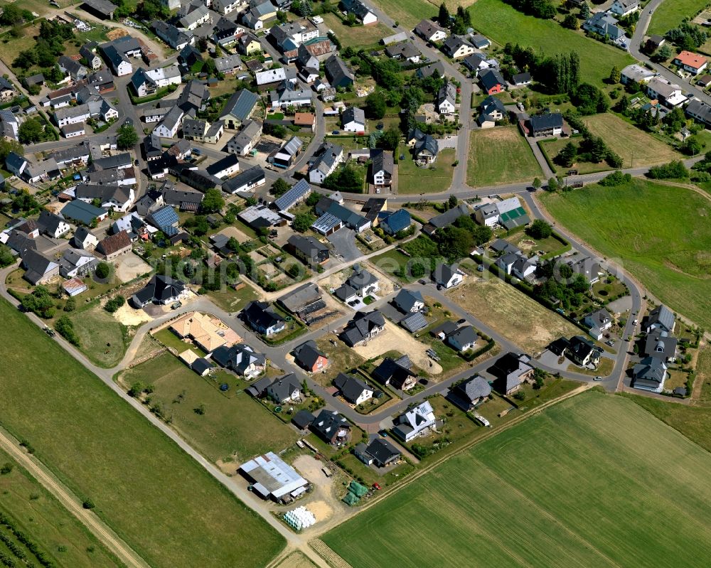 Alflen from above - View of Alflen in the state of Rhineland-Palatinate. The borough and municipiality is located in the county district of Cochem-Zell and consists of two parts: the older Kirch-Alflen and the younger Upper Village on Litzbach creek. It is surrounded by agricultural land, meadows and forest