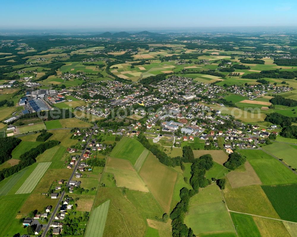 Asbach from the bird's eye view: View of Asbach in the state of Rhineland-Palatinate. The borough and municipiality Asbach is located in the county district of Neuwied in the Westerwald forest region and surrounded by fields, meadows and hills. The borough sits between the nature parks of Rhine-Westerwald and Bergisches Land