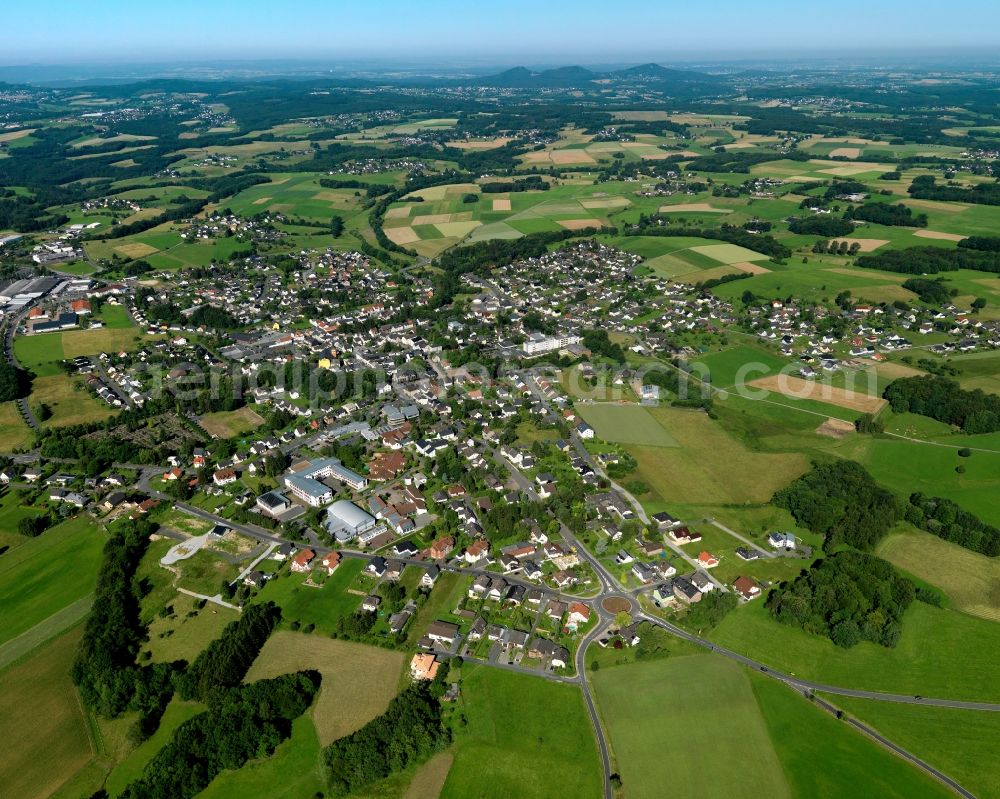 Aerial image Asbach - View of Asbach in the state of Rhineland-Palatinate. The borough and municipiality Asbach is located in the county district of Neuwied in the Westerwald forest region and surrounded by fields, meadows and hills. The borough sits between the nature parks of Rhine-Westerwald and Bergisches Land