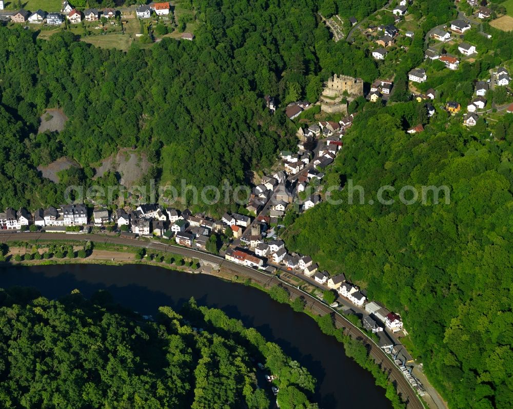 Aerial image Balduinstein - View of the borough of Balduinstein in the state of Rhineland-Palatinate. The borough and municipiality is located in the county district of Rhine-Lahn. The official tourist resort sits on the wooded, steep riverbank of the river Lahn in the Nassau Nature Park