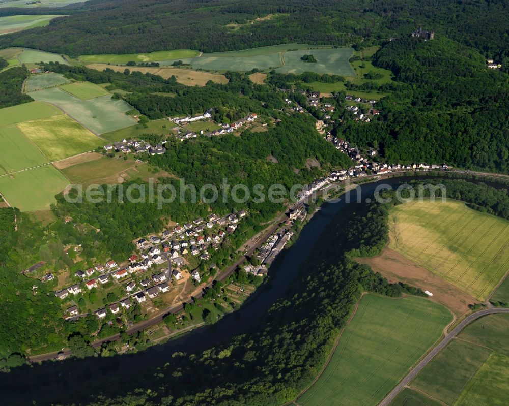 Balduinstein from above - View of the borough of Balduinstein in the state of Rhineland-Palatinate. The borough and municipiality is located in the county district of Rhine-Lahn. The official tourist resort sits on the wooded, steep riverbank of the river Lahn in the Nassau Nature Park