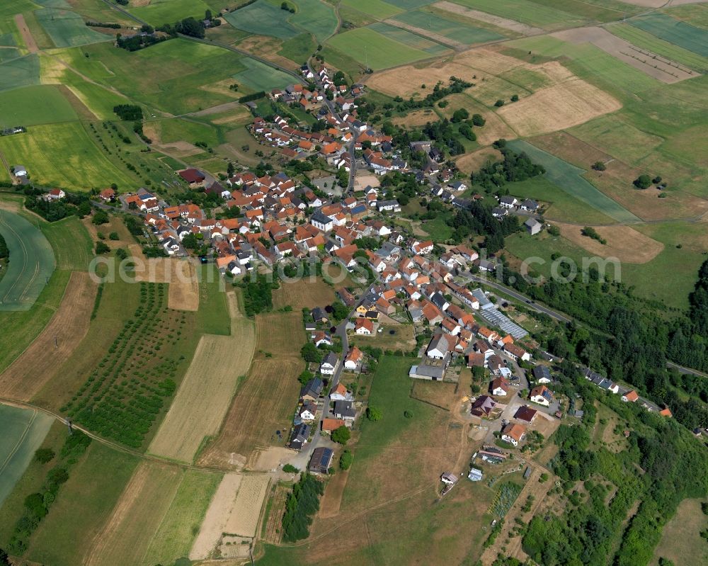 Aerial photograph Becherbach - View of the borough and municipiality of Becherbach in the state of Rhineland-Palatinate. The agricultural borough is located in the county district of Bad Kreuznach. Surrounded by fields, hills and forest, the village with its parts and hamlets is located in the Palatinate region