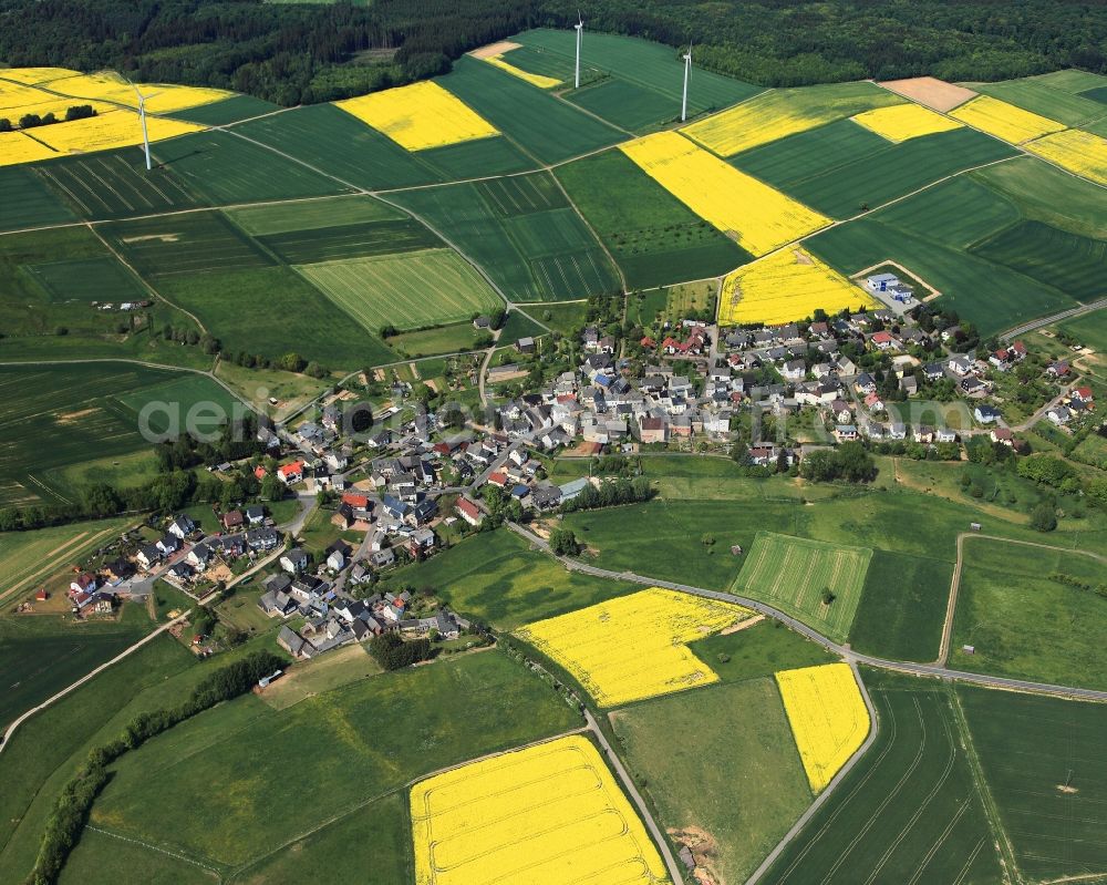 Berndroth from above - View of the borough of Berndroth in the state of Rhineland-Palatinate. The borough and municipiality is located in the county district of Rhine-Lahn, in the Hintertaunus mountain region and Einrich landscape. The agricultural village consists of residential areas and is surrounded by rapeseed fields and meadows