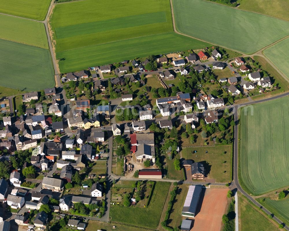 Aerial image Biebrich - View of the borough of Biebrich in the state of Rhineland-Palatinate. The borough and municipiality is located in the county district of Rhine-Lahn. The village consists of residential buiildings and areas, sits in the Western Taunus mountain range and is surrounded by meadows and fields