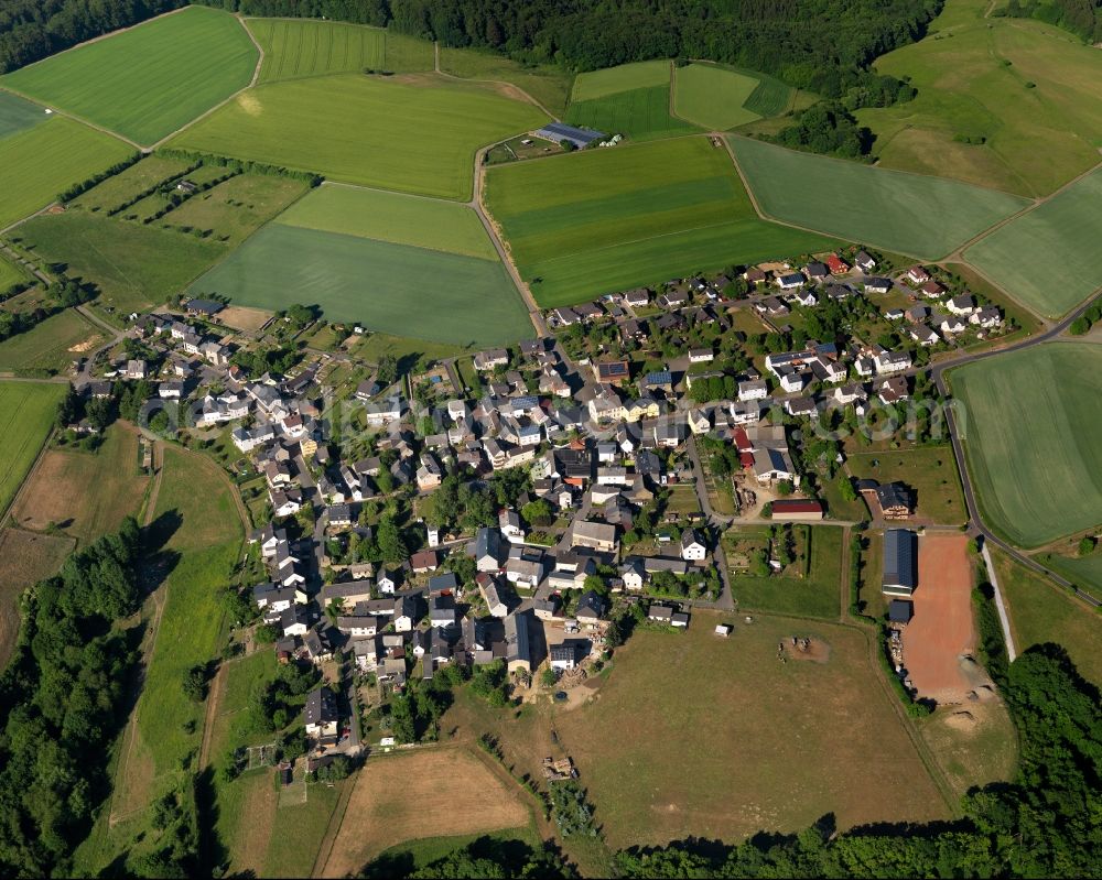 Aerial photograph Biebrich - View of the borough of Biebrich in the state of Rhineland-Palatinate. The borough and municipiality is located in the county district of Rhine-Lahn. The village consists of residential buiildings and areas, sits in the Western Taunus mountain range and is surrounded by meadows and fields