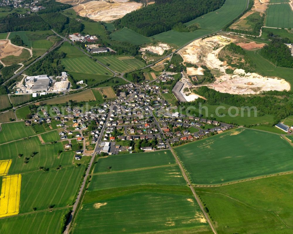 Aerial photograph Boden - View of Boden in the state of Rhineland-Palatinate. The borough and municipiality is located in the county district of Westerwaldkreis in the low mountain range of Westerwald. Boden is surrounded by agricultural land, forest and meadows and located on Ahrbach creek