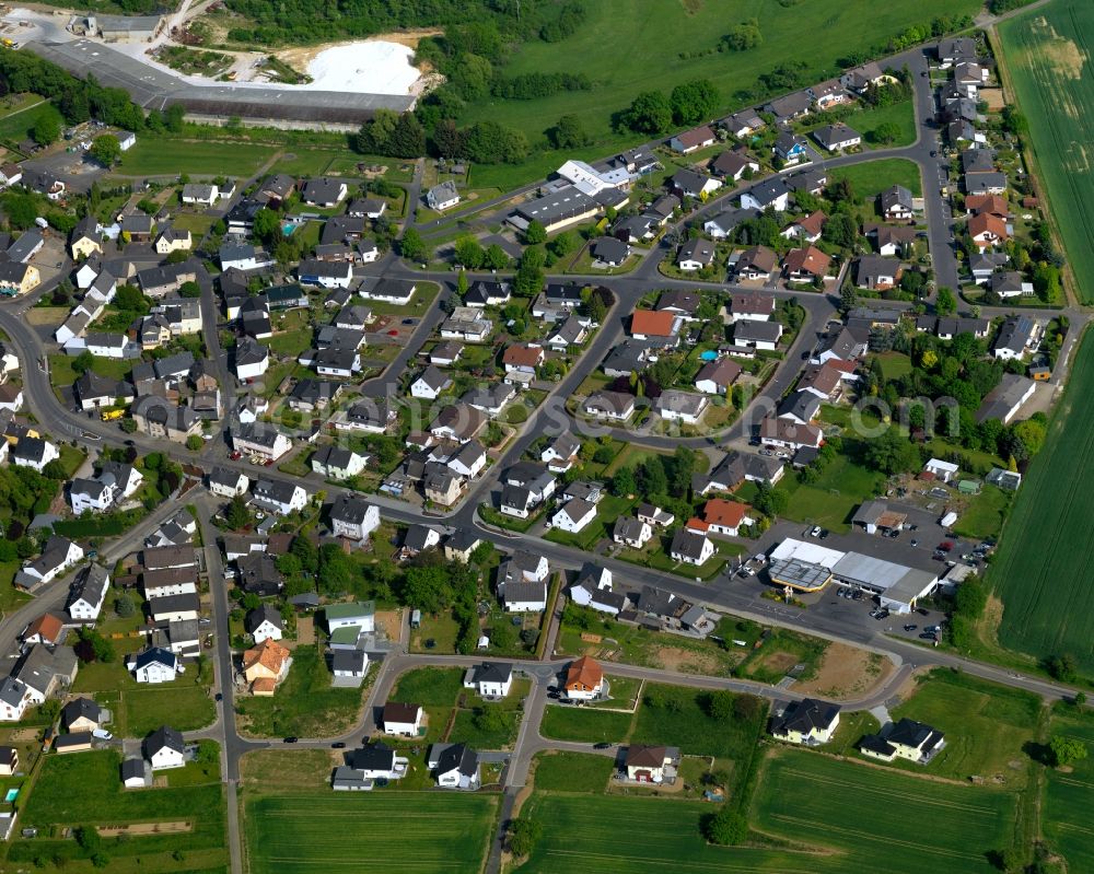 Boden from above - View of Boden in the state of Rhineland-Palatinate. The borough and municipiality is located in the county district of Westerwaldkreis in the low mountain range of Westerwald. Boden is surrounded by agricultural land, forest and meadows and located on Ahrbach creek