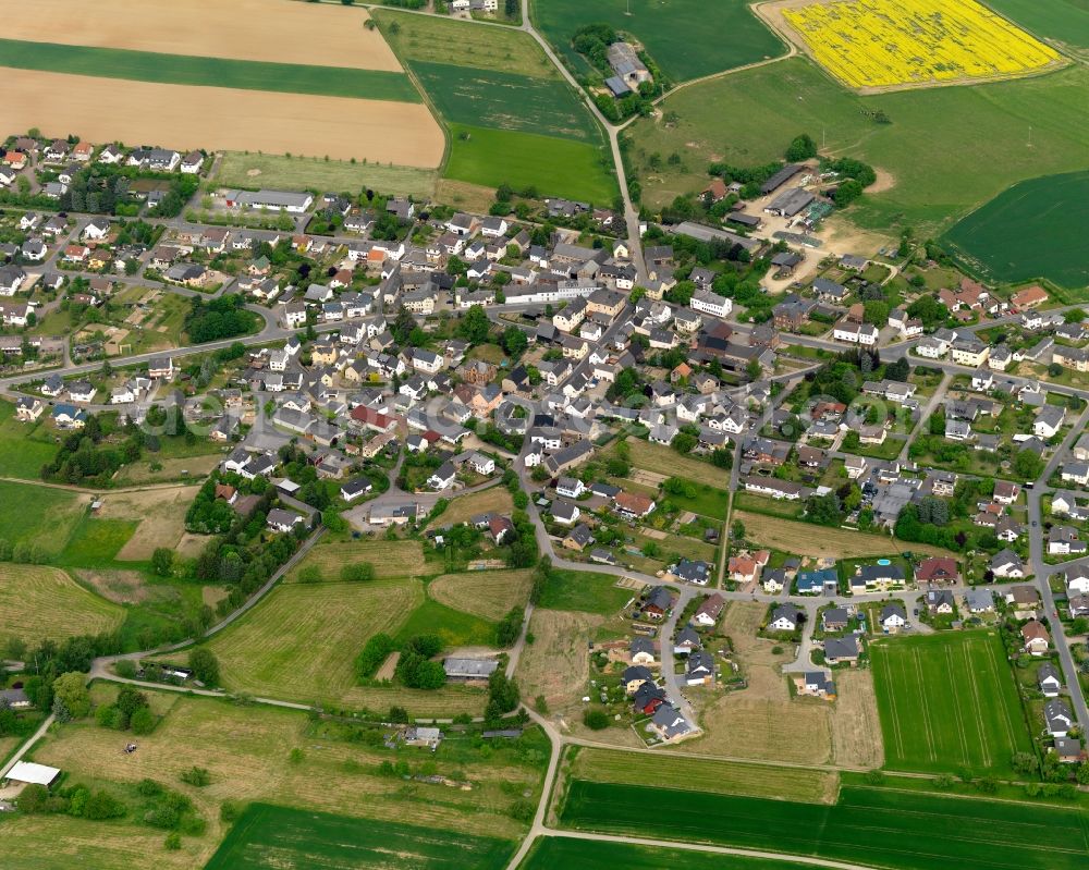 Bogel from the bird's eye view: View of the borough of Bogel in the state of Rhineland-Palatinate. The borough and municipiality is located in the county district of Rhine-Lahn, in the Taunus mountain region. The agricultural village consists of residential areas and is surrounded by rapeseed fields and meadows. The official tourist resort is located on federal highway B274