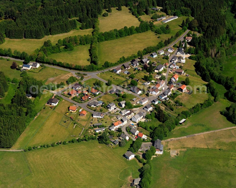 Aerial photograph Börfink - View of Boerfink in the state of Rhineland-Palatinate. The borough and municipiality is located in the county district of Birkenfeld, on Traunbach creek near the Erbeskopf mountain in the Hunsrueck region. It is surrounded by agricultural land, meadows and forest and consists of three hamlets: Einschiederhof, Forellenhof Trauntal and Thranenweier