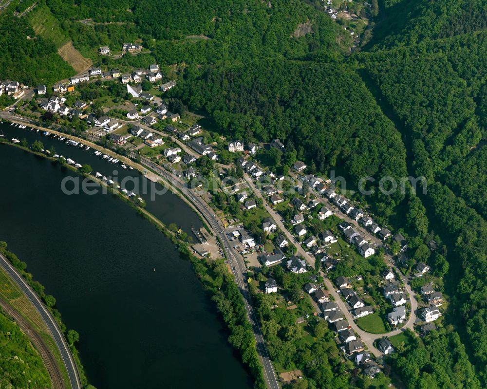 Brodenbach from above - View of Brodenbach in the state of Rhineland-Palatinate. The borough and municipiality is located in the county district of Mayen-Koblenz on the right riverbank of the river Moselle, surrounded by hills and vineyards. Brodenbach is an official tourist resort in the Terrassenmosel region