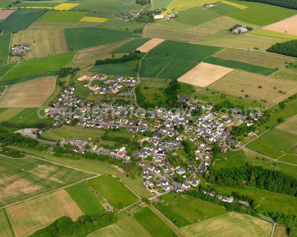 Buch from the bird's eye view: View of the borough of Buch in the state of Rhineland-Palatinate. The borough and municipiality is located in the county district of Rhine-Lahn, in the Western Hintertaunus mountain region. The agricultural village consists of residential areas and is surrounded by rapeseed fields and meadows